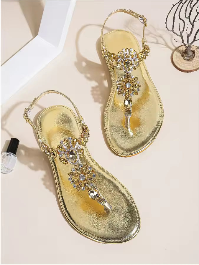 Ladies Rhinestones Sandals Summer Beach Slippers for Women Clip Toe Chain Sandals Shiny Crystal Fashion Casual Flat Bottom Shoes