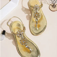 Ladies Rhinestones Sandals Summer Beach Slippers for Women Clip Toe Chain Sandals Shiny Crystal Fashion Casual Flat Bottom Shoes