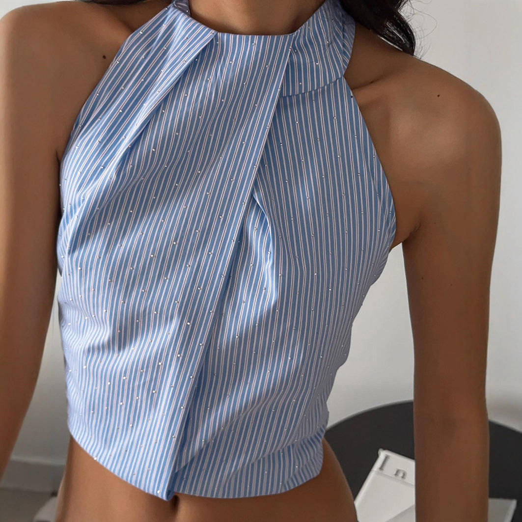 Fashion Stripe Halter Neck Backless Shirt Women Exquisite Tie Waist Sleeveless Vest Lady Daily Commute Street Cropped Wears Natalia Home Fashion    Natalia Home Fashion