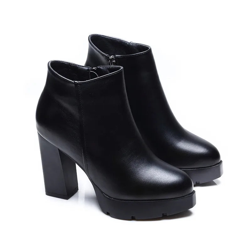 Fashion Casual Zipper Pointed Toe Soft Leather Women Shoes Square High Heel Ankle Boots Black Motorcycle Boots Shoes