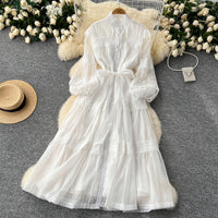Elegant Hollow Out Organza Long Maxi Dresses Shirt Women  Layer Ruffle Full Sleeve Pearl Evening Party Dress