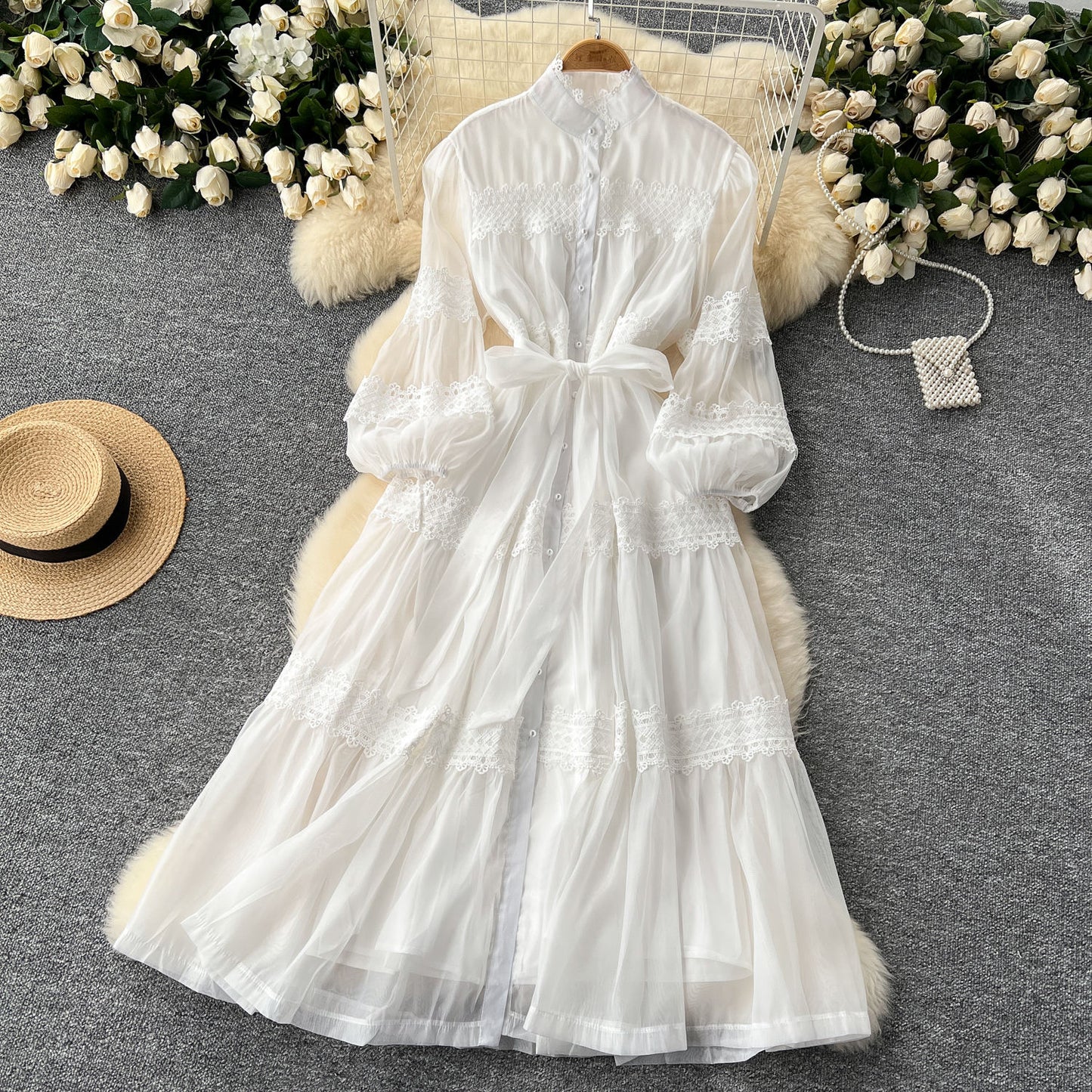 Elegant Hollow Out Organza Long Maxi Dresses Shirt Women  Layer Ruffle Full Sleeve Pearl Evening Party Dress