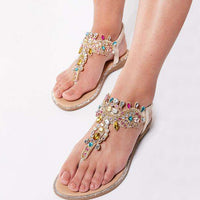 Woman Bohemian Colorful Crystal Flat Sandals for Women Glitter Rivets Studded Gladiator Sandals  Elastic Back