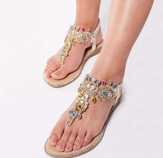 Woman Bohemian Colorful Crystal Flat Sandals for Women Glitter Rivets Studded Gladiator Sandals  Elastic Back