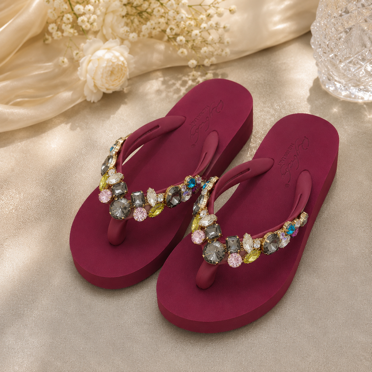 Rhinestone Flip Flops Women's Summer Slope High Heel Non Slip Outer Wear Fashionable Height Enhancing Cool Slippers