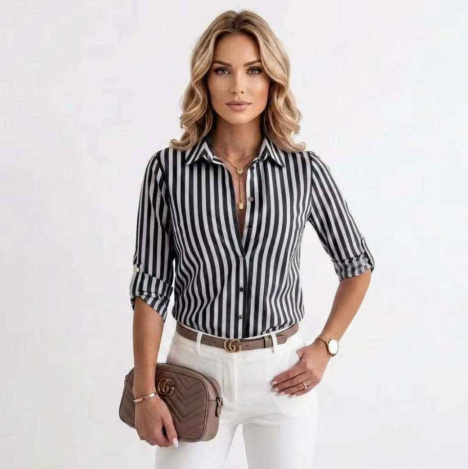 Women's Long Sleeve Striped Button-Up Shirt with Classic Lapel Collar and Curved Hem - Casual Office Wear Tops