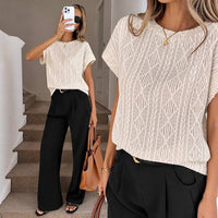 Women's Casual Round Neck Jacquard Short Sleeve Top T-shirt Leisure Commute Women Clothing