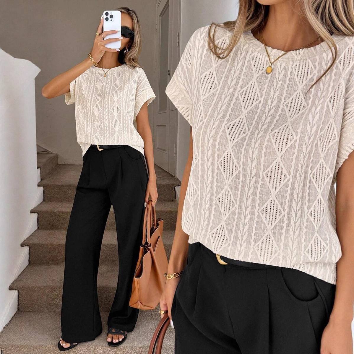Women's Casual Round Neck Jacquard Short Sleeve Top T-shirt Leisure Commute Women Clothing