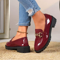 Women's Mary Jane Platform Shoes Round  Head Spring New Metal Chain Casual Soft Patent Leather Slip on Loafers