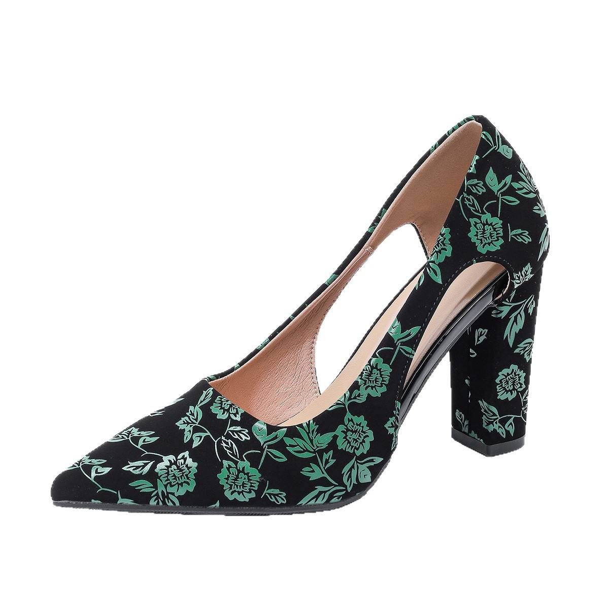 Women Pumps 9.5CM Square Heel Shallow Mouth  Single Shoes Fashion Splice Printed Pointed Women's Office Formal Shoes Natalia Home Fashion    Natalia Home Fashion