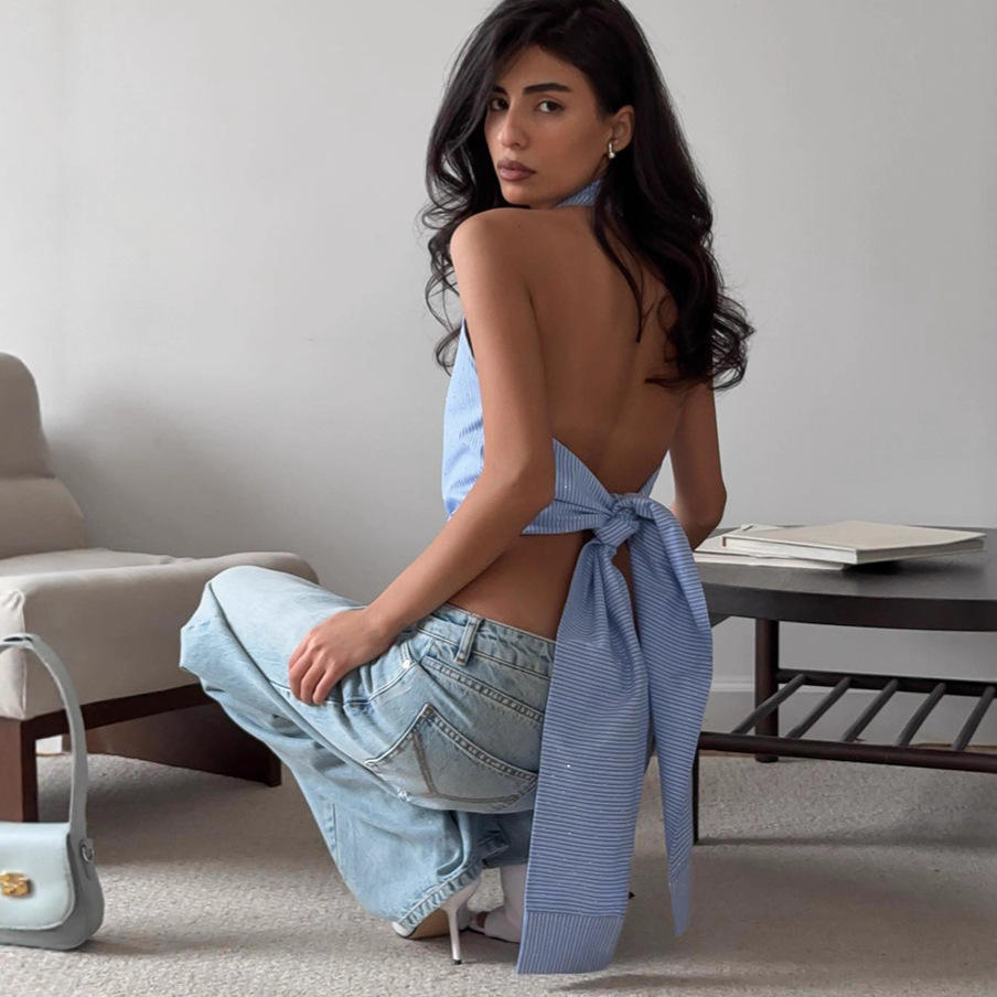 Fashion Stripe Halter Neck Backless Shirt Women Exquisite Tie Waist Sleeveless Vest Lady Daily Commute Street Cropped Wears Natalia Home Fashion    Natalia Home Fashion