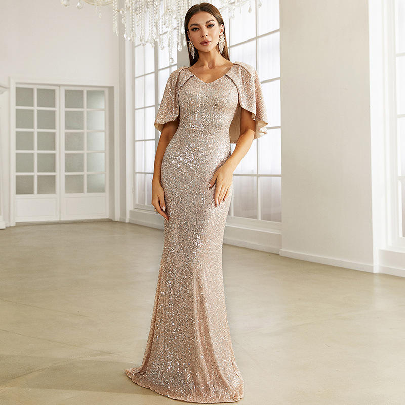 Cape Sleeves Sequined Evening Dress Mermaid Tail And Floor-Length Dress Elegant Dresses For Evening Dress