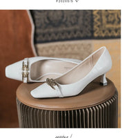 Luxury Women White Low Heels Sandals Designer Kitten High Heels Stone Pattern Vintage Office Ladies Party Shoes