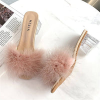 Fluffy Peep Toe Sexy High Heels Women Shoes Fur Feather Lady Fashion Wedding Slip-On Square Toe Women Sandals Natalia Home Fashion    Natalia Home Fashion
