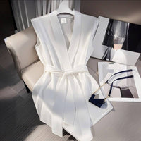 Elegant French style Sleeveless Waist-Cinching Shirt Chic Top Trendy V-Neck Acetate Fabric Urban Style