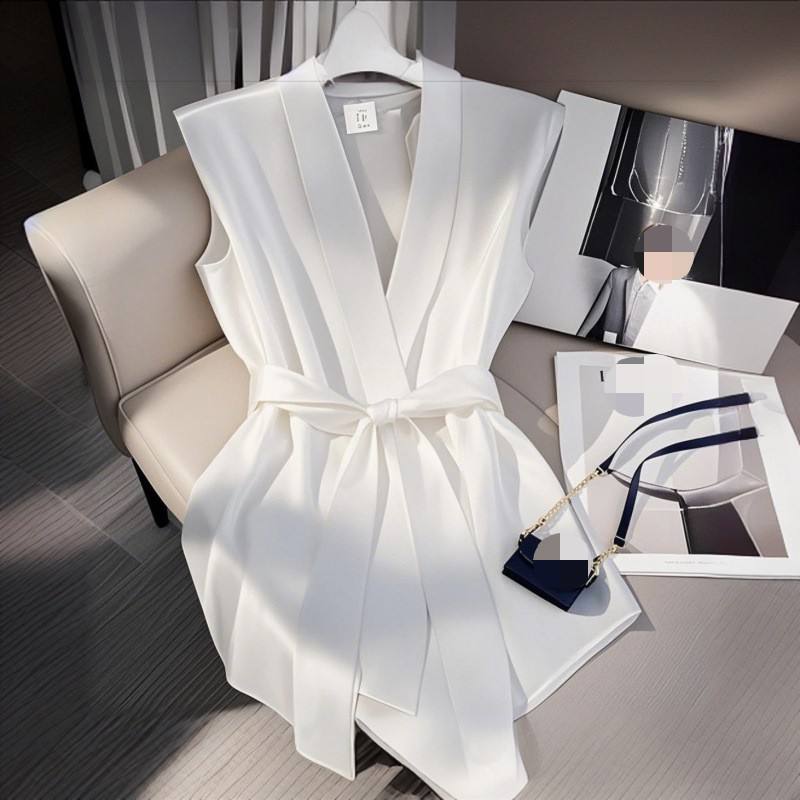 Elegant French style Sleeveless Waist-Cinching Shirt Chic Top Trendy V-Neck Acetate Fabric Urban Style