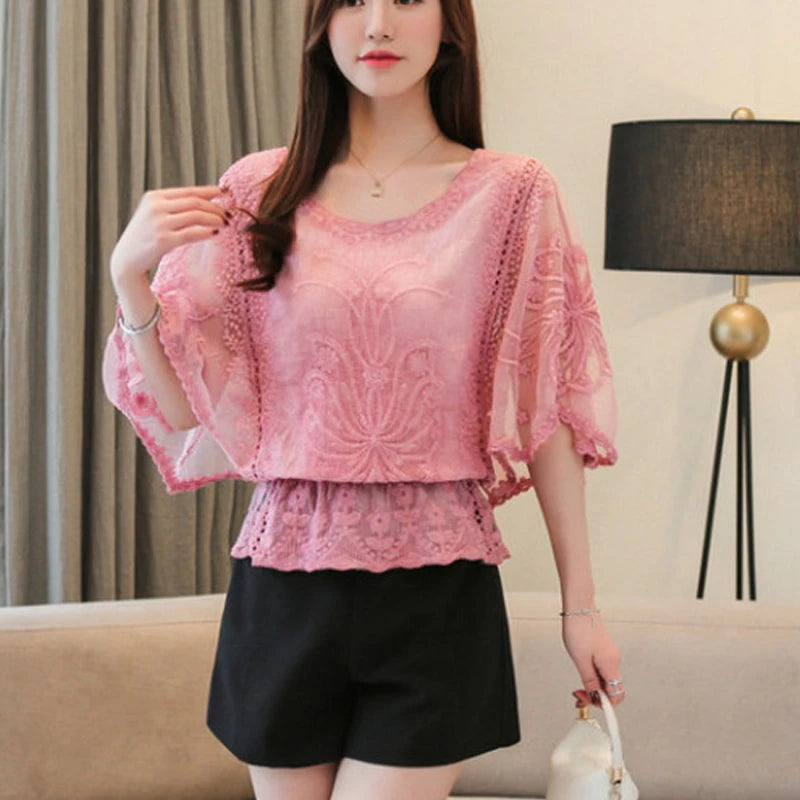 Loose Lace Blouse Women Butterfly Sleeve Chiffon Shirt Woman Fashion Casual Floral Shirt Tops