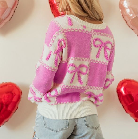 Loose Pink Bow Women's Sweater Fashion O-Neck Long Sleeve Sweater Lady Elegant Chic Pullover Top Female Clothing