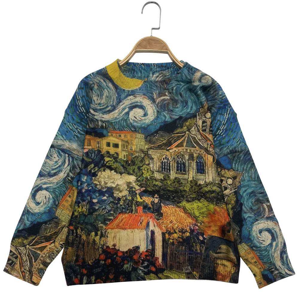 Women's Van Gogh Starry Night Oil Painting Print Oversized Knit Sweater Casual Streetwear Long Sleeve Crewneck Pullover Top Natalia Home Fashion    Natalia Home Fashion