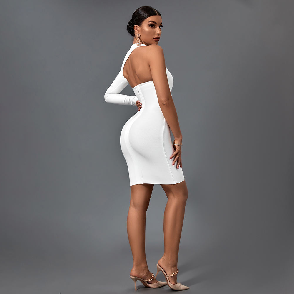 Backless One Shoulder Sleeve Irregular Sexy Hollow Bandage Slim Long Sleeve Dresses
