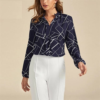 Women's Random Striped Blouse Slim Long Sleeve Printed Turn Down Collar Shirts Single-breasted Office Lady Shirt
