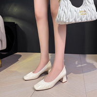 Women's Square Head Grandmother Style Shoes Slip-On High Heel Versatile Shoes in Leather Semi formal  Footwear