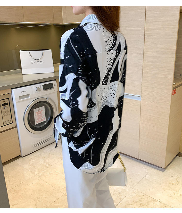 Lady Turn Down Collar Printed Shirt Fashion Tops Casual Long Sleeve Blouse Vintage Clothes