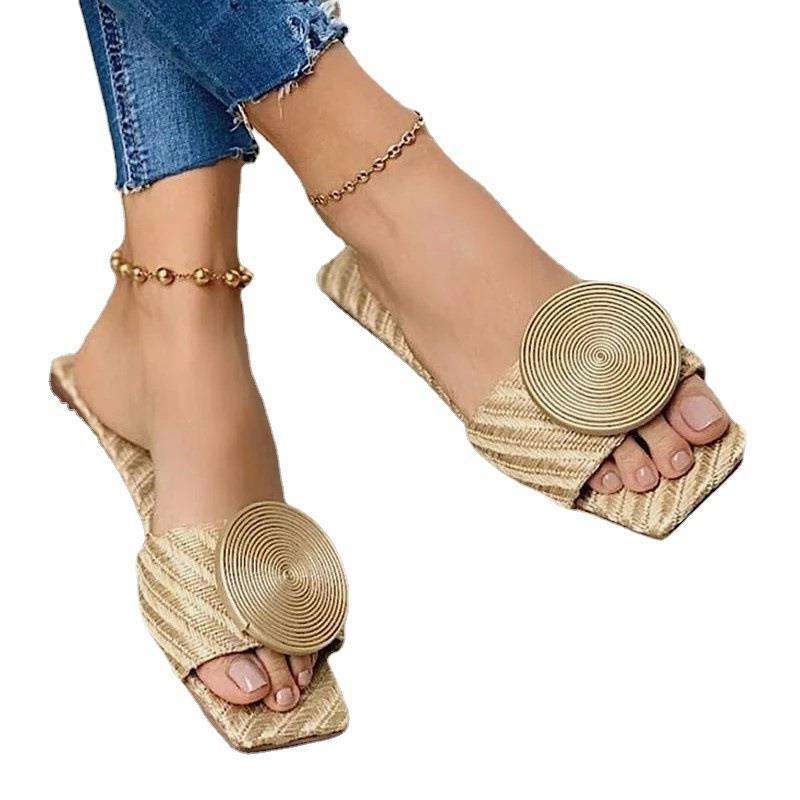 Women's Outdoor Casual Sandals Square Toe Flat Heel Round Disk Décor Daily Wear Beach Slippers for Women - Natalia Home Fashion