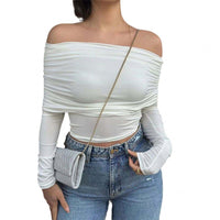 Sexy Shoulder Bared Long Sleeve Slim Fit Outwear Asymmetric Belly Bared Pleated T-Shirt Style Short New Arrival Acetate Fabric