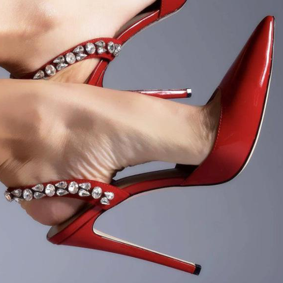 Rhinestone Shine Back Strap Pumps Pointed Toe Patent Leather High Heels Women Stiletto Heel Shallow Sandal - Natalia Home Fashion