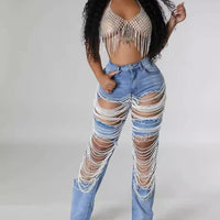 Heavy Duty Denim Jeans Women's High Waist High Elasticity Hole Punching Beading Long Pants Trendy Spicy Girl Style