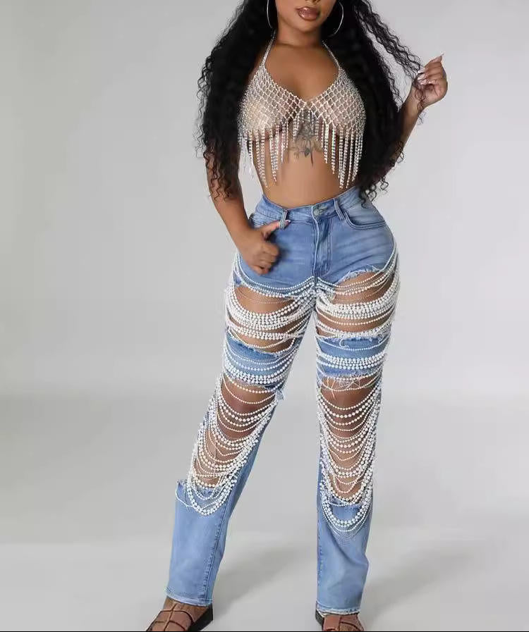 Heavy Duty Denim Jeans Women's High Waist High Elasticity Hole Punching Beading Long Pants Trendy Spicy Girl Style