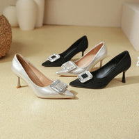 Elegant Retro Pointed Toe High Heels Thin Heel Women's Shoes Comfortable Diamond Embellished Low Cut Fashionable Footwear