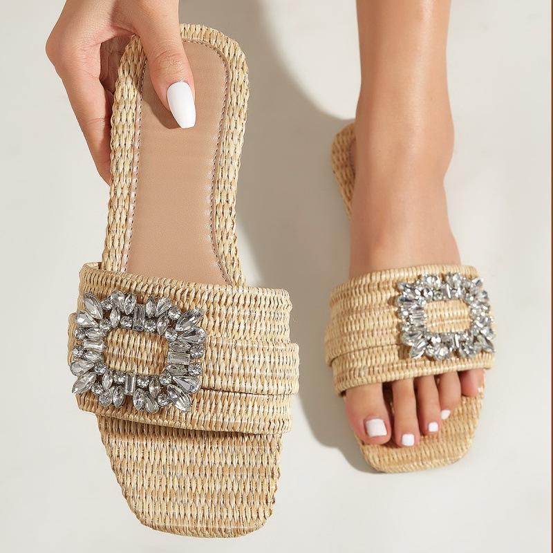 Semi Formal Fashion Square Headed Cane Knitted Flat Heels for Women Slippers Flat Bottom Crystal Sandals every day wear Slides Natalia Home Fashion    Natalia Home Fashion