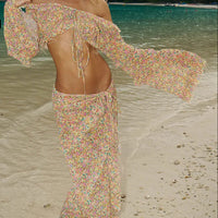 Chiffon Floral 2 Pc Bikini Set Long Sleeve Backless Crop Tops Women Transparent Bodycon Skirts Sexy Beach Casual