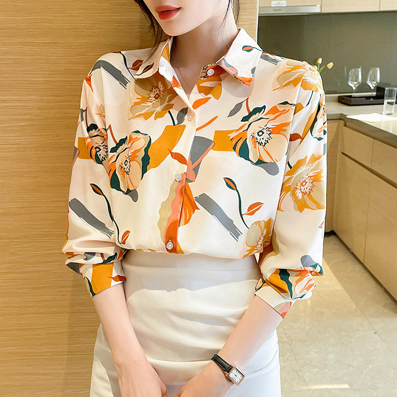 Vintage Style for Women Long Sleeve Flower Printed Spring Autumn semi formal Style Elegant Single Breasted Shirt