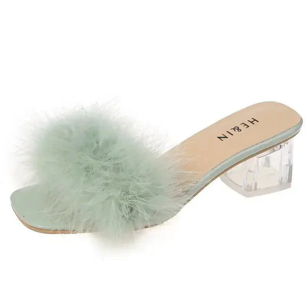 Fluffy Peep Toe Sexy High Heels Women Shoes Fur Feather Lady Fashion Wedding Slip-On Square Toe Women Sandals Natalia Home Fashion    Natalia Home Fashion