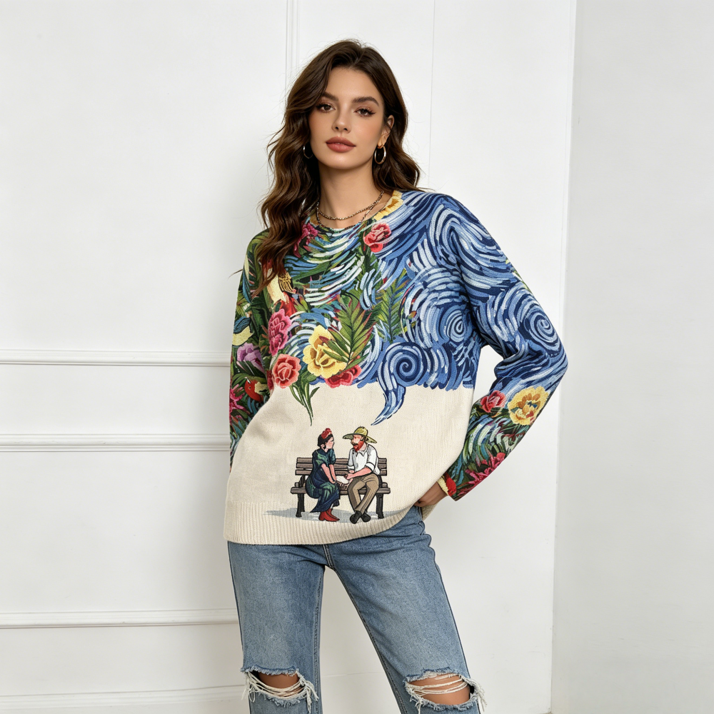 Women's Crew Neck Knit Sweater Loose Fit Van Gogh Starry Night Floral Art Print Bohemian Style Natalia Home Fashion    Natalia Home Fashion