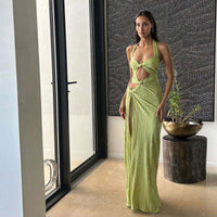 Woman Summer Dress Solid Color Sexy Pullover Dresses Asymmetrical Rucked Backless Long Socialite Style Side Slit Evening Dress