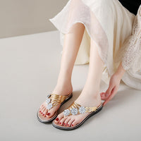 Women's Flat Sandals Summer Outdoor Beach Shoes Silver Clip Board Slippers with Three Flowers And Sequins PVC Material - Natalia Home Fashion