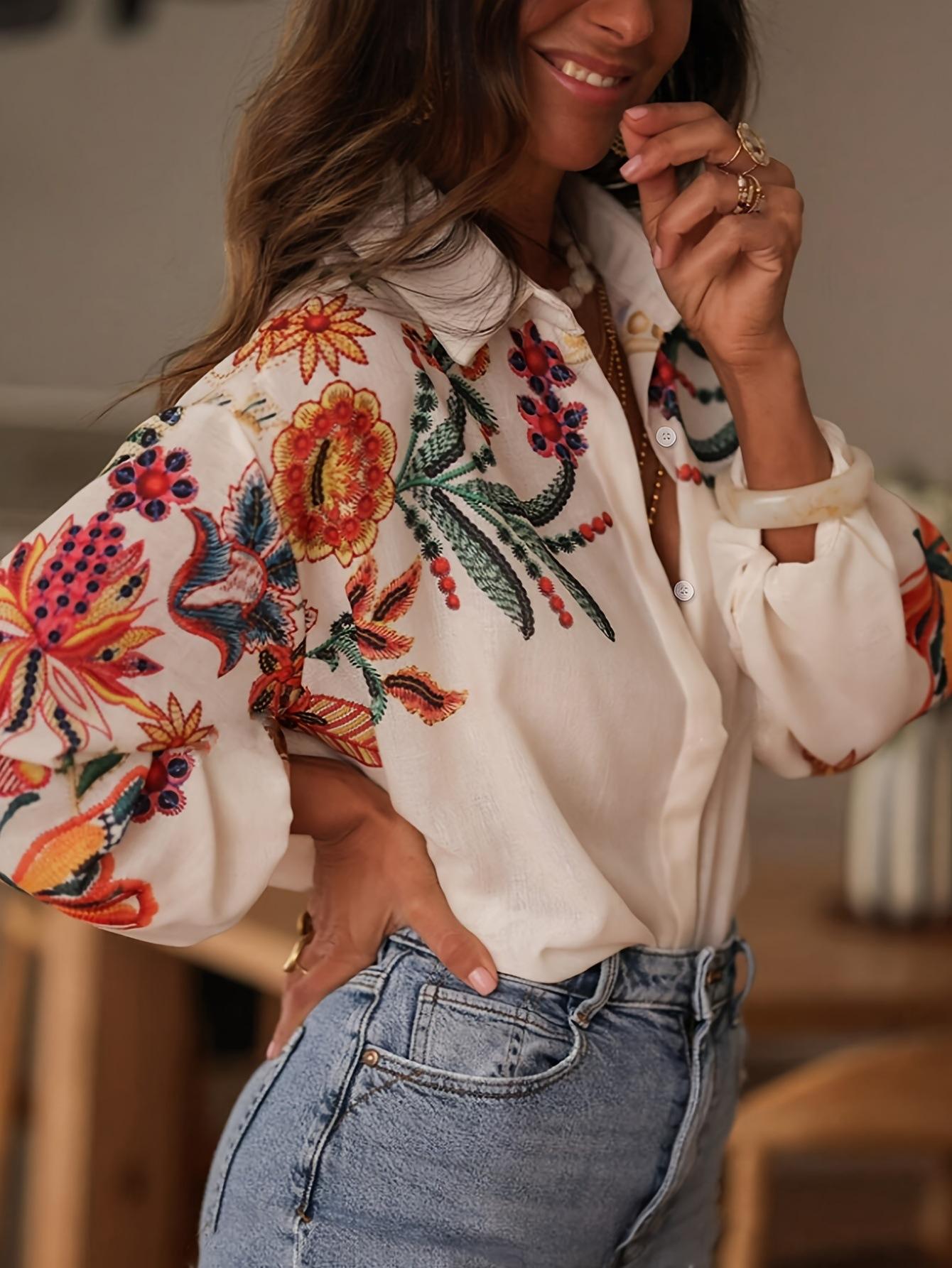Women's Printed Shirt Long Sleeve Loose Button Cardigan Top Trendy Fashion Casual Blouses for Female