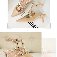 Female Rivets T-strap Sandals Pointy Toe Soft Leather Sexy Women Shoes Comfort 6CM High Heels Ladies Work Dress Shoe