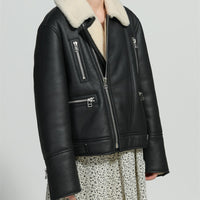 Turn Down Collar Genuine Sheepskin Real Leather Coat Zipper Winter Women Soft Shearling Fur Jacket Natalia Home Fashion    Natalia Home Fashion