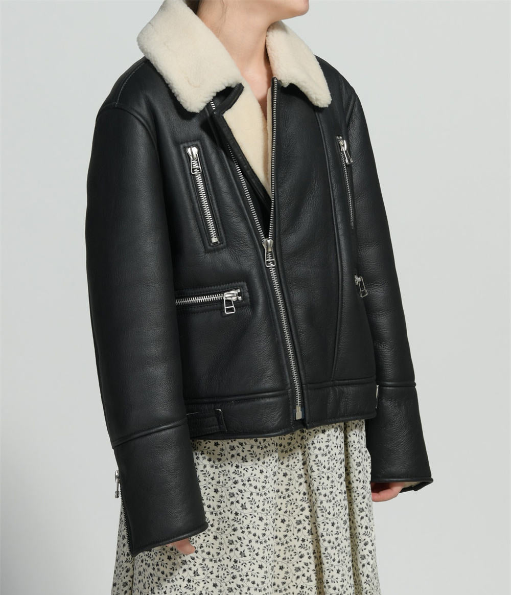 Turn Down Collar Genuine Sheepskin Real Leather Coat Zipper Winter Women Soft Shearling Fur Jacket Natalia Home Fashion    Natalia Home Fashion