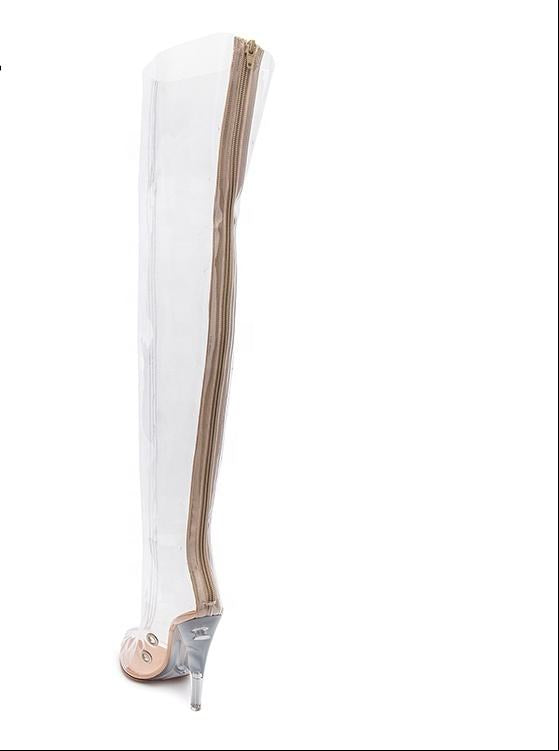 Sexy Transparent PVC High Heels Thigh Boots Pointed Toe Crystal Heels Women Clear Over The Knee Runway Stage Boots