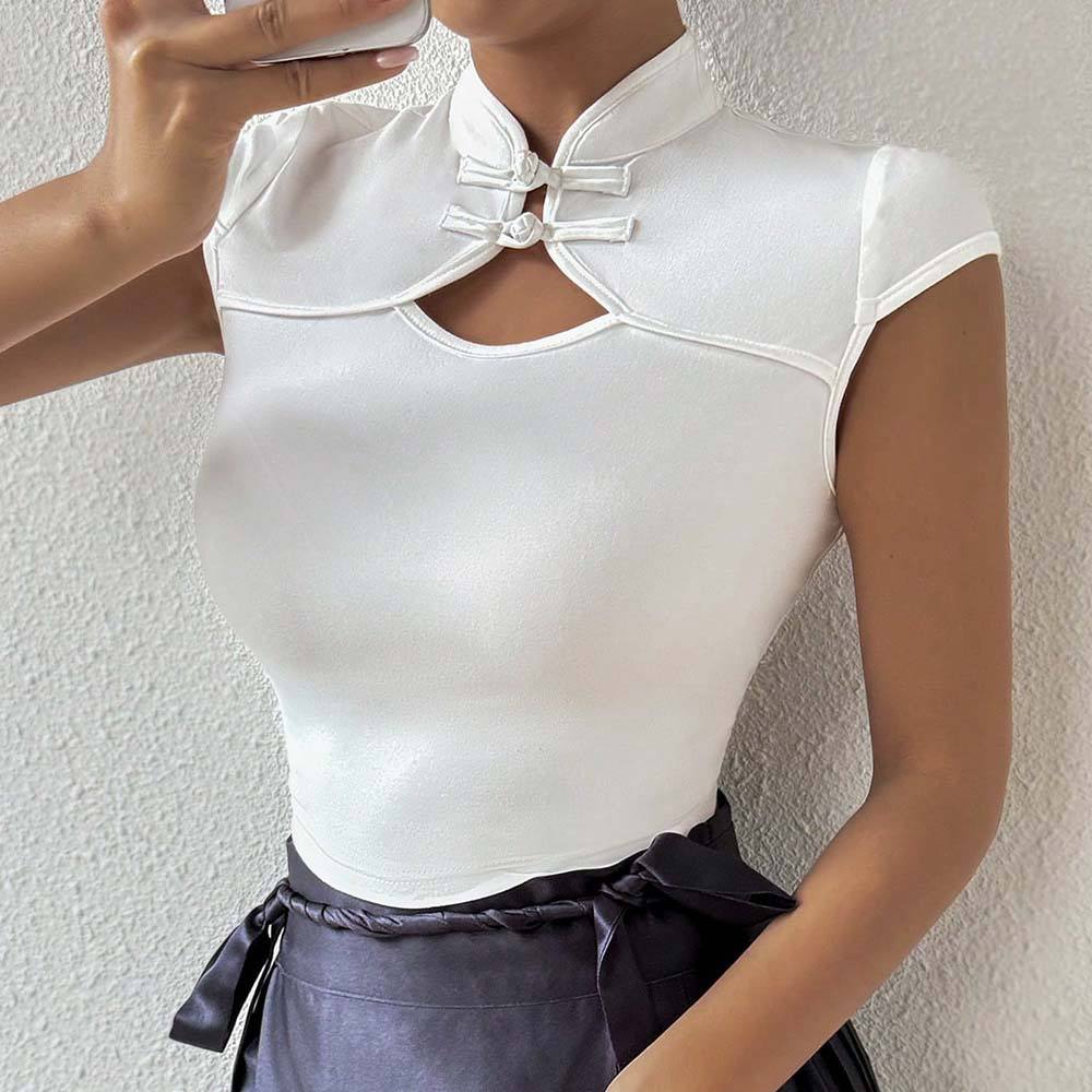 Elegant Mandarin Collar Short Sleeves Tee Chinese Style Knot Button Hollow Out Front T-Shirt  Party Street Summer Clothes Top Natalia Home Fashion    Natalia Home Fashion