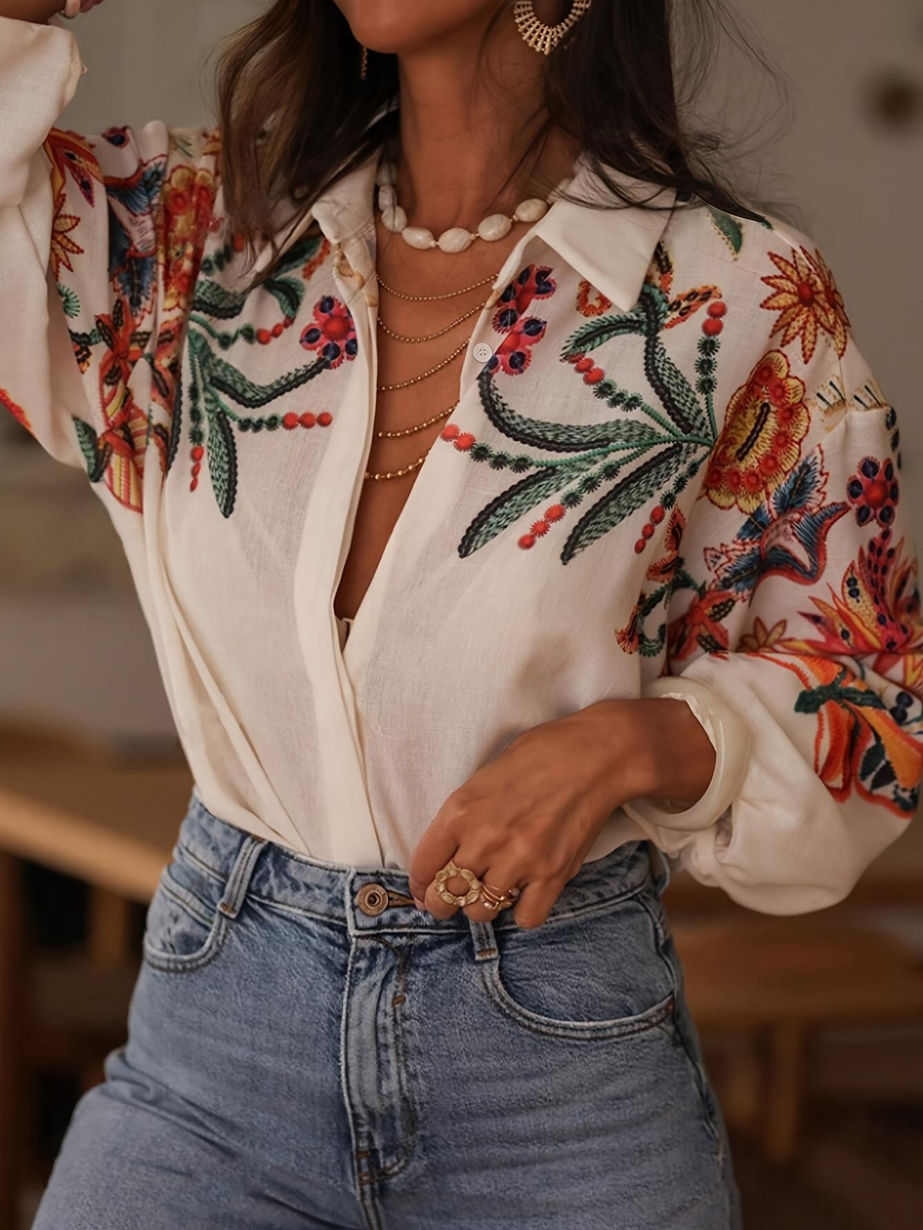 Women's Printed Shirt Long Sleeve Loose Button Cardigan Top Trendy Fashion Casual Blouses for Female