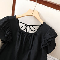 Loose Summer Top Black Square Collar Short Sleeve Women's Fashion plus Size Clothing Breathable Comfortable Cotton Fabric