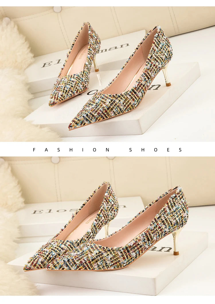 Simple Style New Fashion Sexy Wild Stiletto Metal Heels Pointed Toe Shallow Slim Bling Wedding Women Dress Pumps Shoes