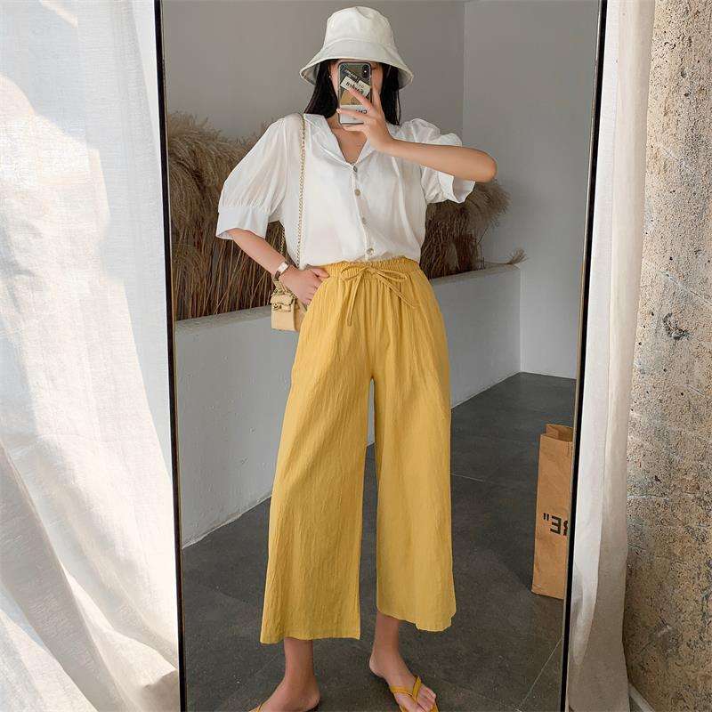 Casual Baggy Wide Leg Trousers Women Summer Thin Comfy Breathable Ankle Length Pants Vintage Loose Cotton Linen Straight Pants